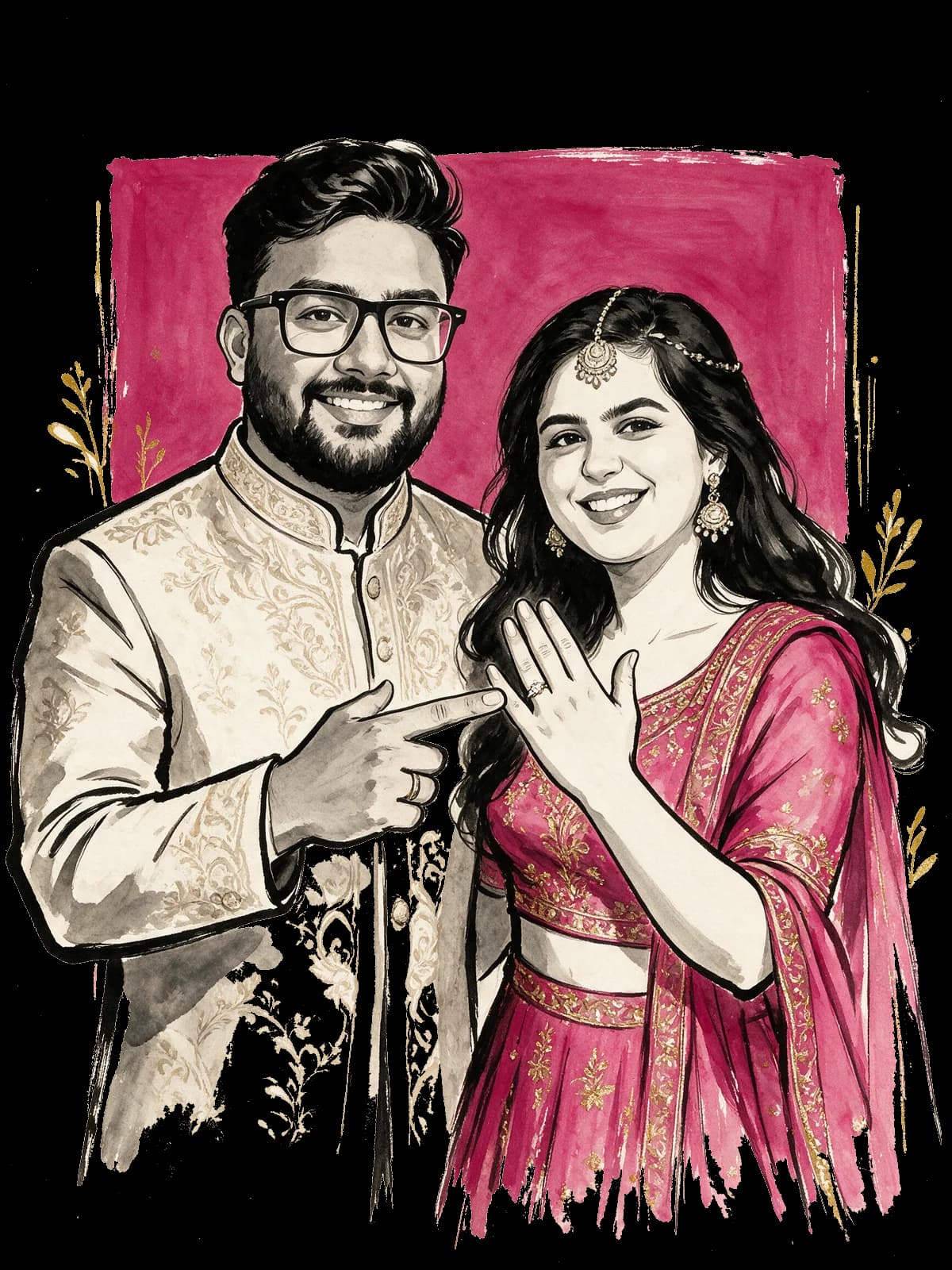 Illustration of Abhinav and Isha at the engagement