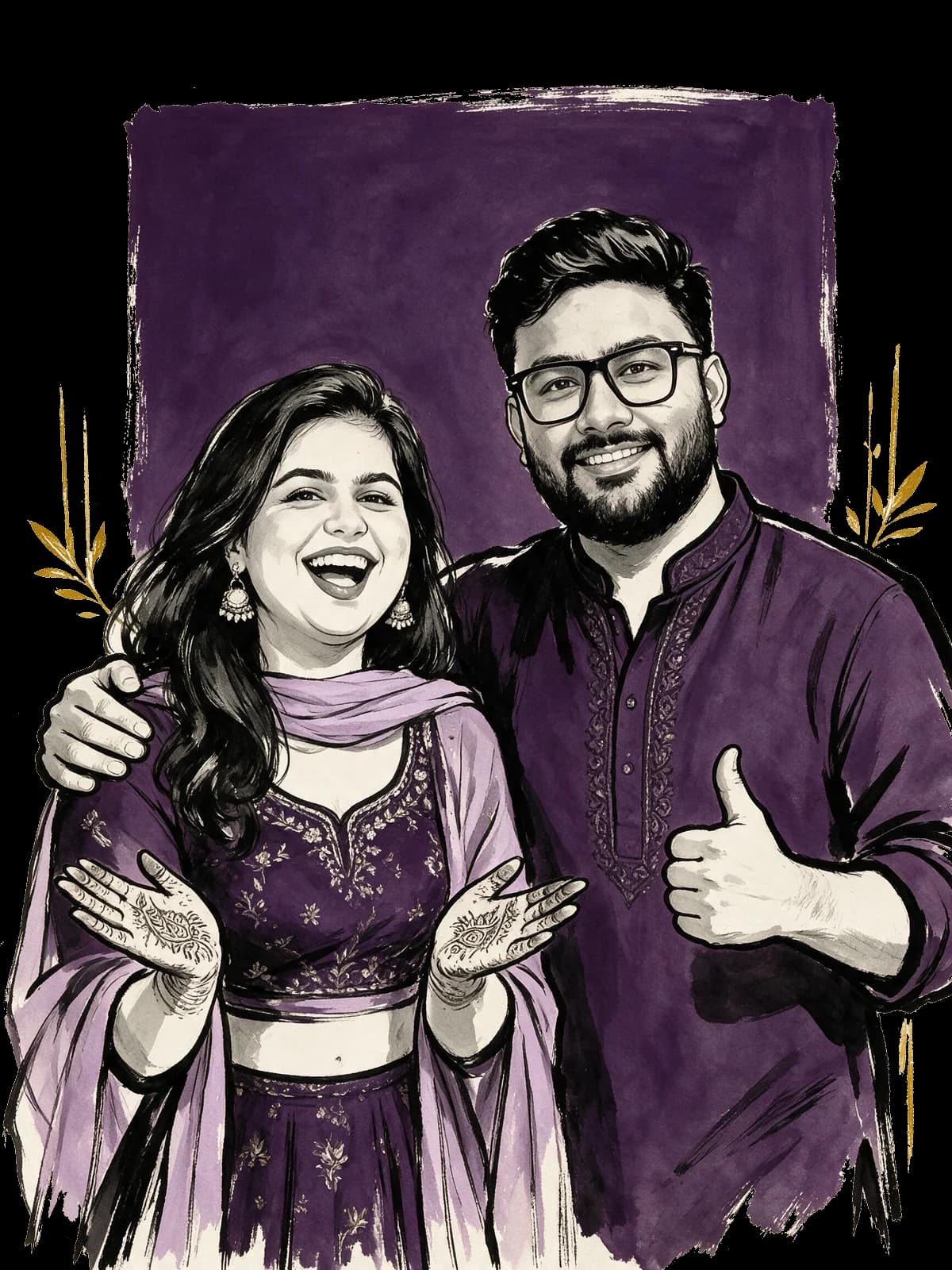 Illustration of Abhinav and Isha at the mehendi