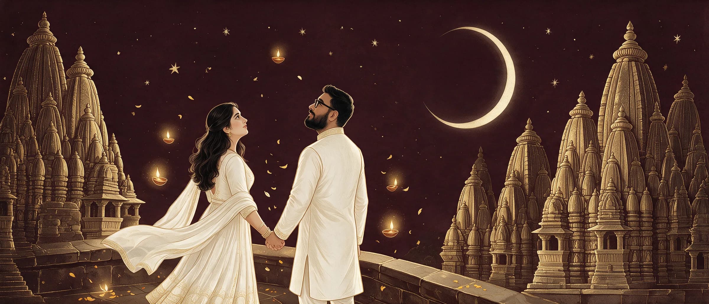 Illustration of Abhinav and Isha on a temple terrace in Khajuraho, looking up at a crescent moon